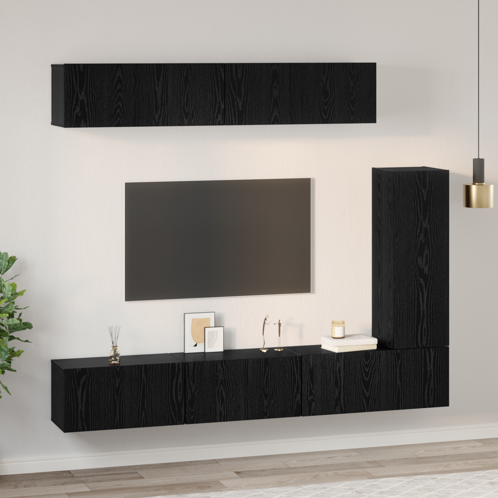 Set comodă TV cu raft Pe perete Altele 6 pcs Stejar negru 30.5 x 30 x 90 cm GartenMobel Dekor