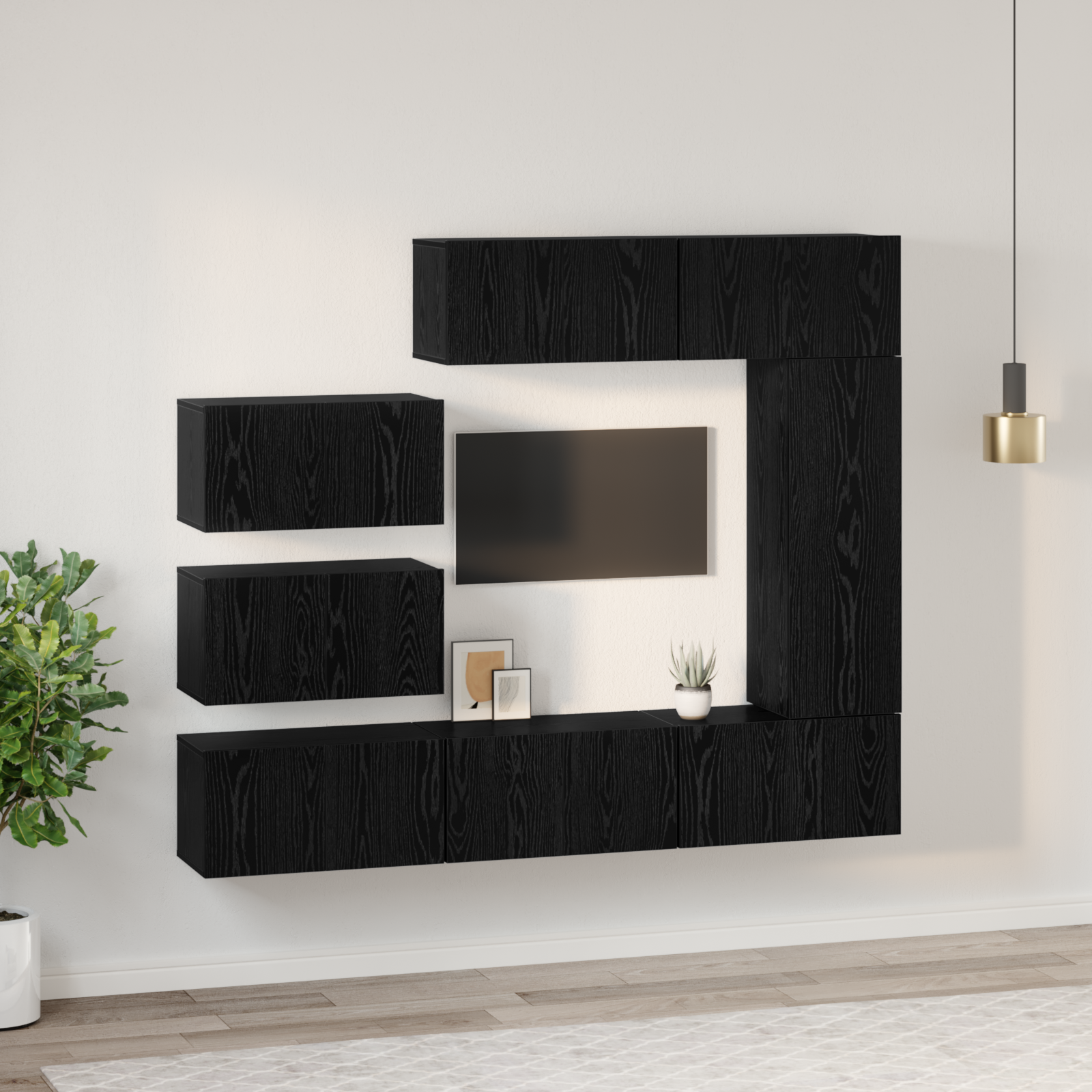Set comodă TV cu raft Pe perete Altele 8 pcs Stejar negru 30.5 x 30 x 90 cm GartenMobel Dekor
