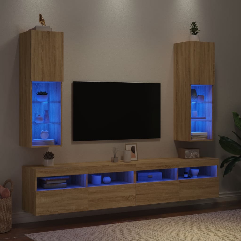 Comode TV cu lumini LED, 2 buc., stejar sonoma, 30,5x30x102 cm GartenMobel Dekor