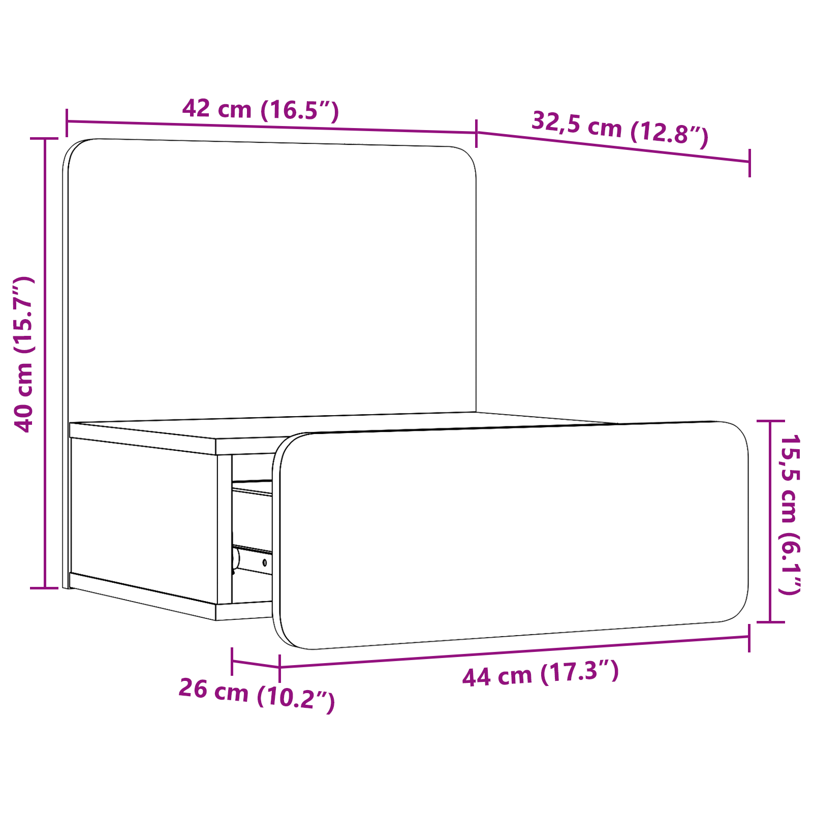 Noptieră Montată pe Perete cu sertar Pe perete Alb 44 x 32.5 x 40 cm GartenMobel Dekor