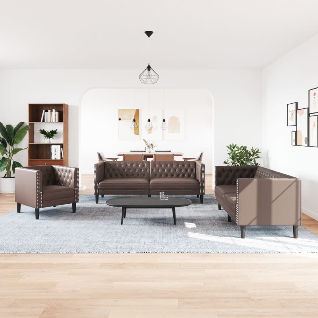 Set canapele Chesterfield cu 3 locuri, maro, piele eco. GartenMobel Dekor