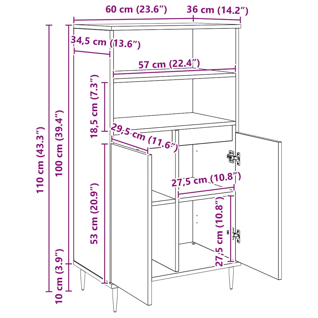 Bufet cu raft cu depozitare cu ușă Negru 60 x 36 x 110 cm Lemn compozit GartenMobel Dekor
