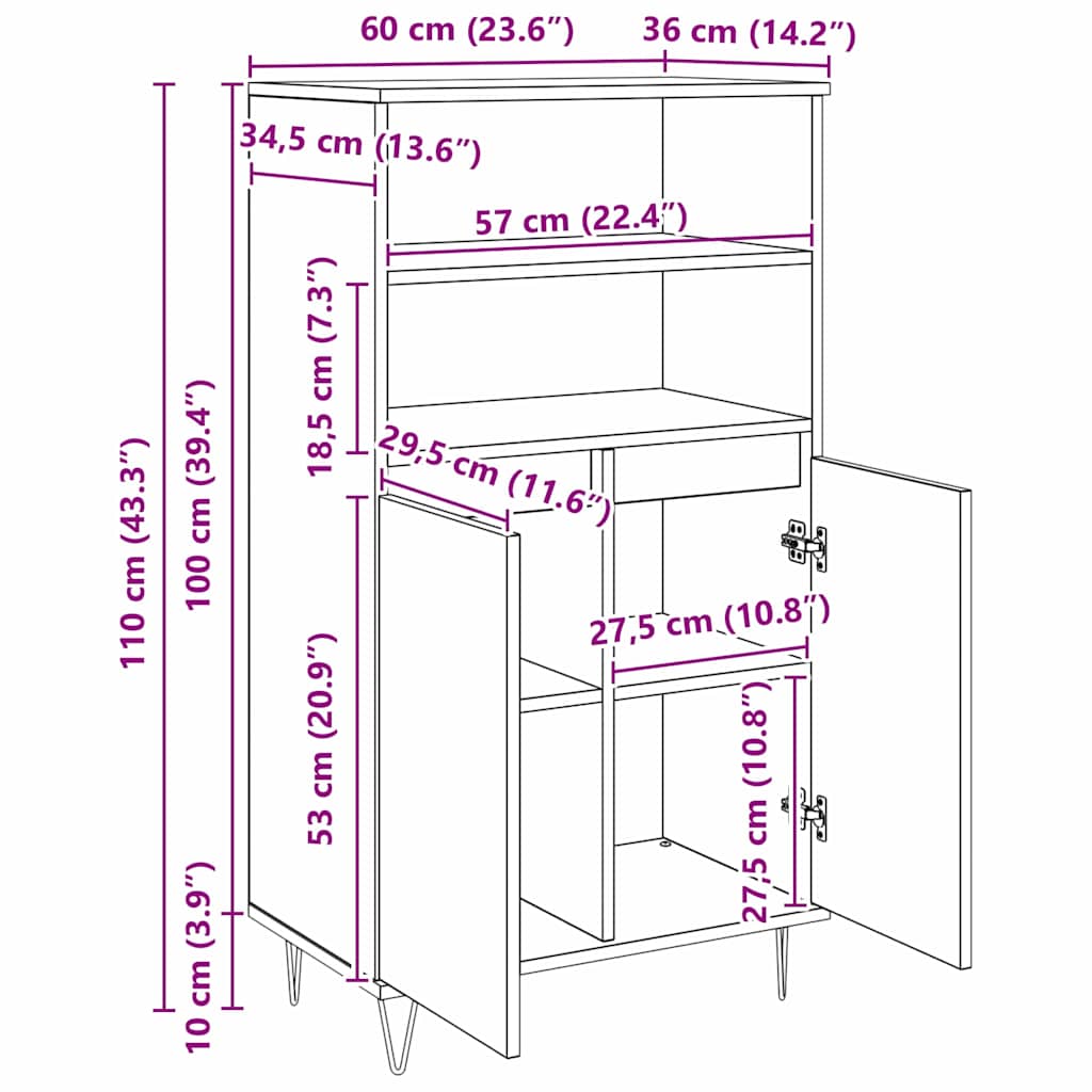 Bufet cu raft cu depozitare cu ușă Negru 60 x 36 x 110 cm Lemn compozit GartenMobel Dekor