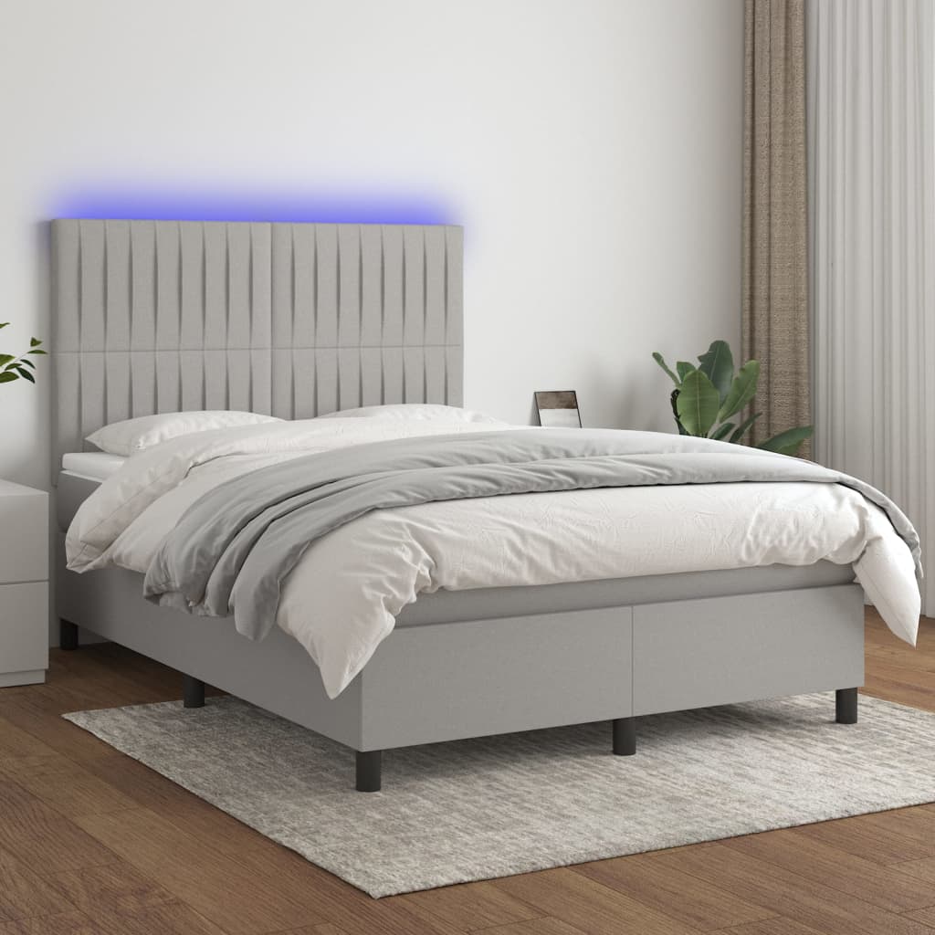 Pat cu arcuri, saltea și LED, gri deschis, 140x190 cm, textil GartenMobel Dekor