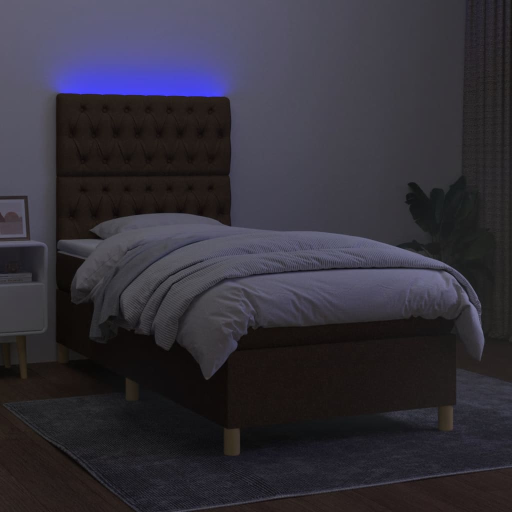 Pat cu arcuri, saltea și LED, maro închis, 100x200 cm, textil GartenMobel Dekor