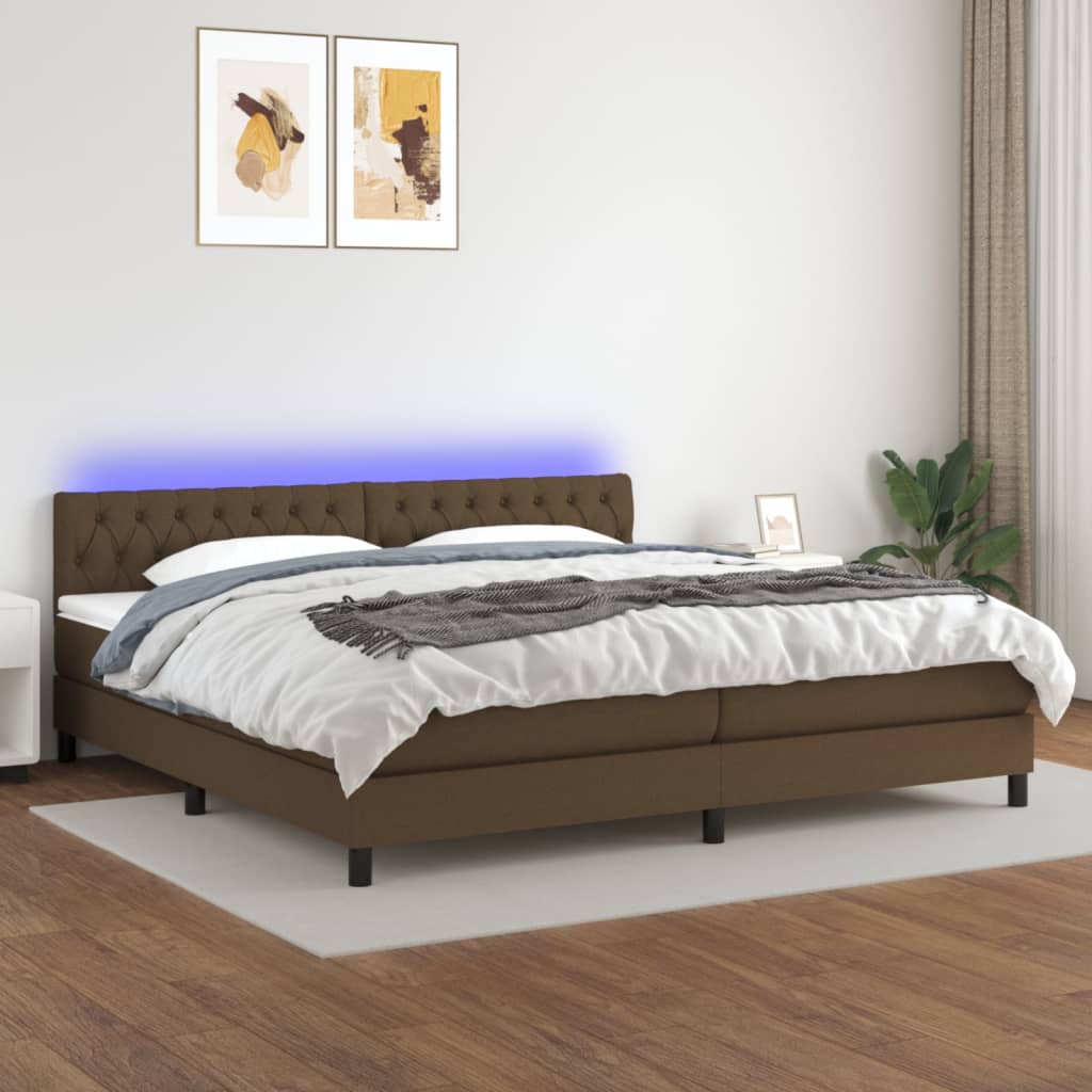 Pat cu arcuri, saltea și LED, maro închis, 200x200 cm, textil GartenMobel Dekor