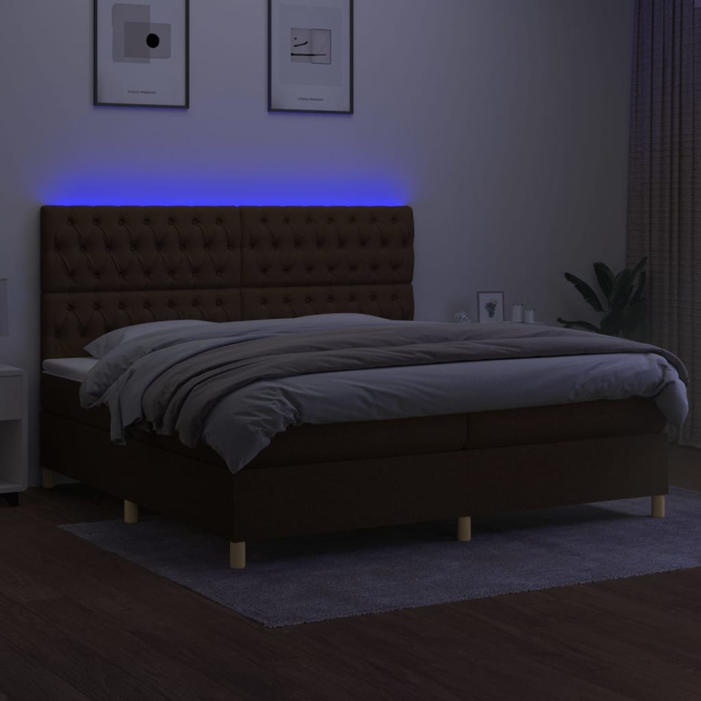 Pat cu arcuri, saltea și LED, maro închis, 200x200 cm, textil GartenMobel Dekor
