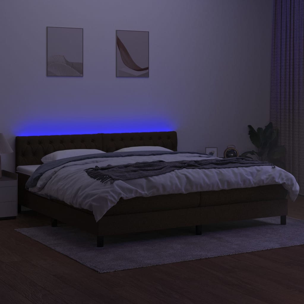 Pat cu arcuri, saltea și LED, maro închis, 200x200 cm, textil GartenMobel Dekor