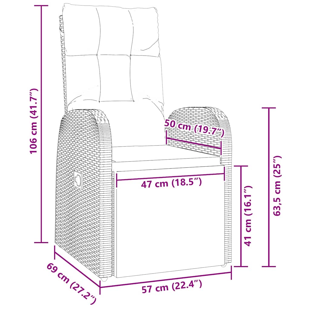 Scaune de grădină cu spătar înclinat cu pernă 3 pcs Negru GartenMobel Dekor
