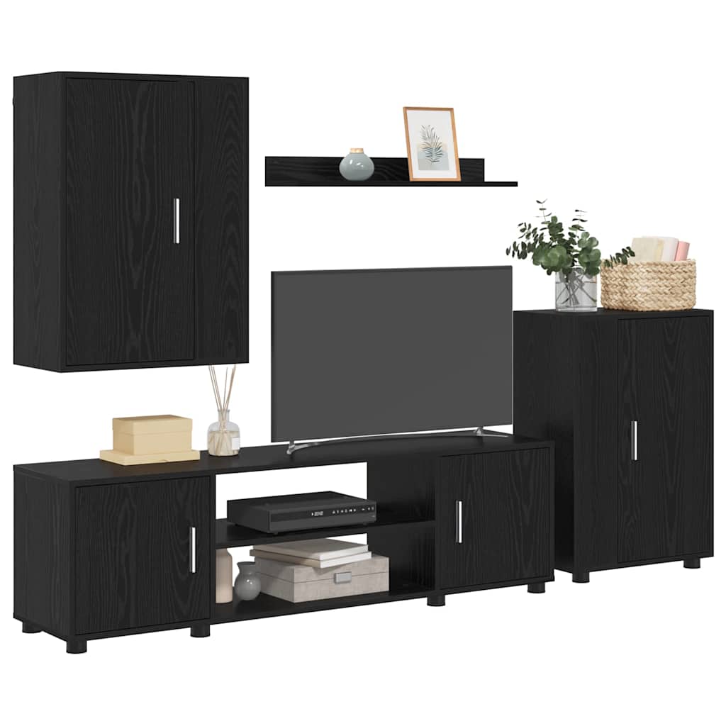 Set de 4 piese pentru cabinet TV cu raft Pe perete 4 pcs Stejar negru GartenMobel Dekor