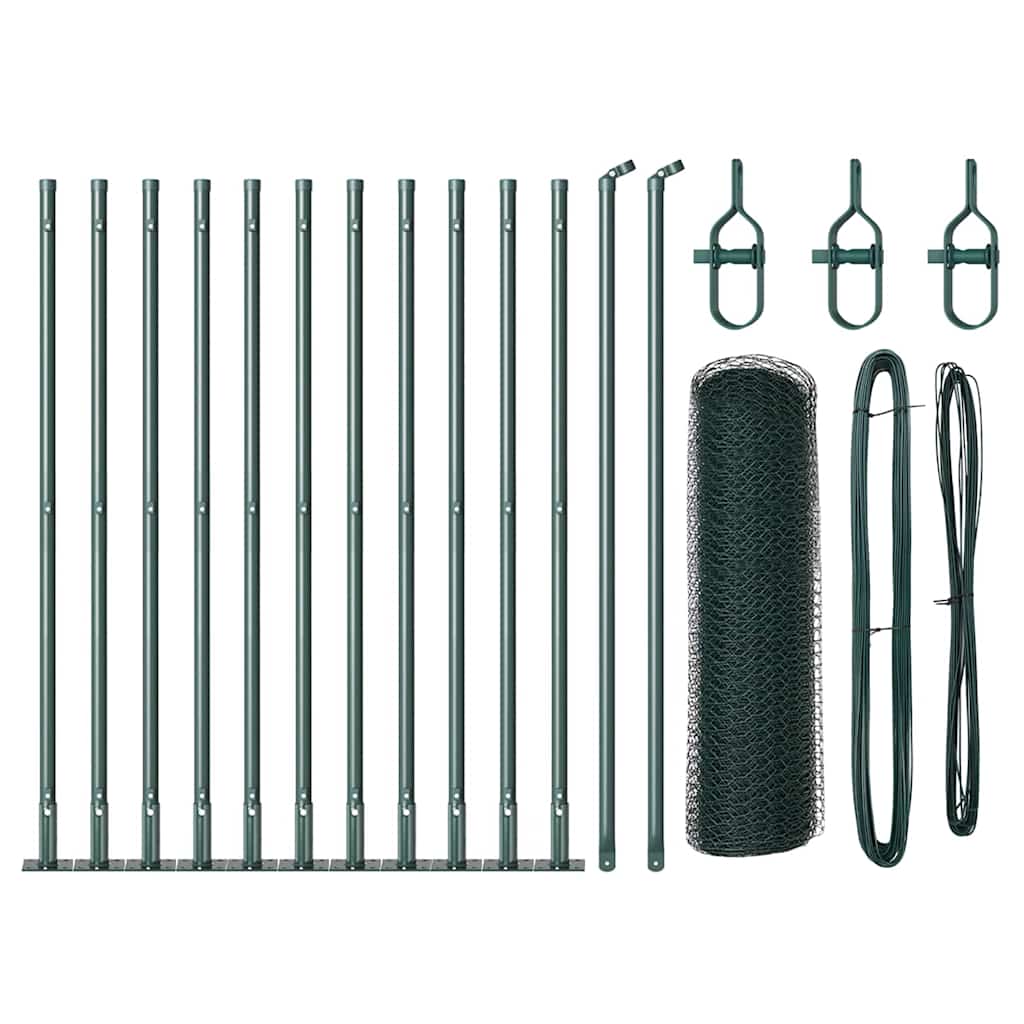 Gard din Plasă Hexagonală cu 7 Stâlpi Flanșați 0.5x25 m Oțel Verde GartenMobel Dekor