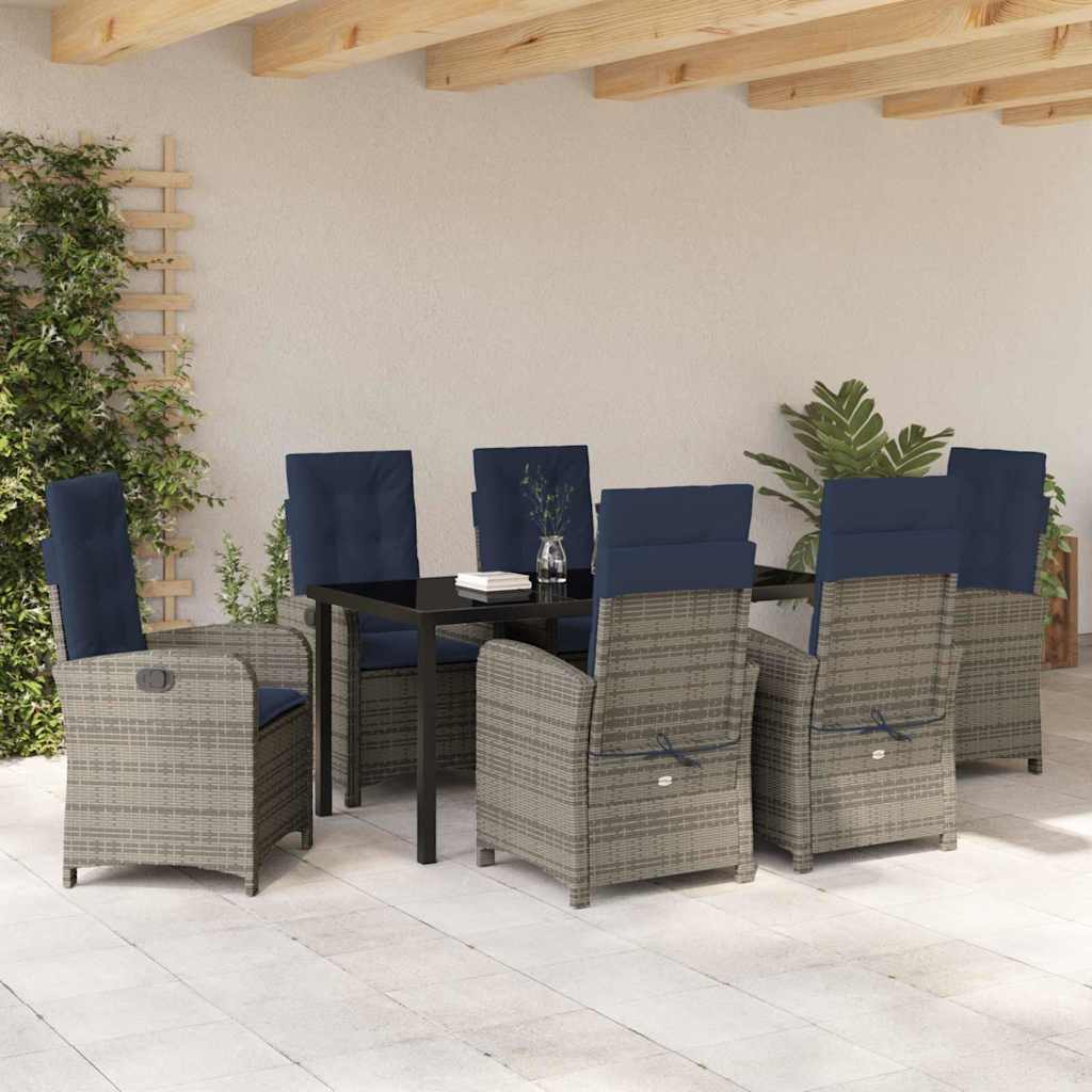 Set de dining pentru grădină cu 7 piese, cu perne, din ratan gri. GartenMobel Dekor