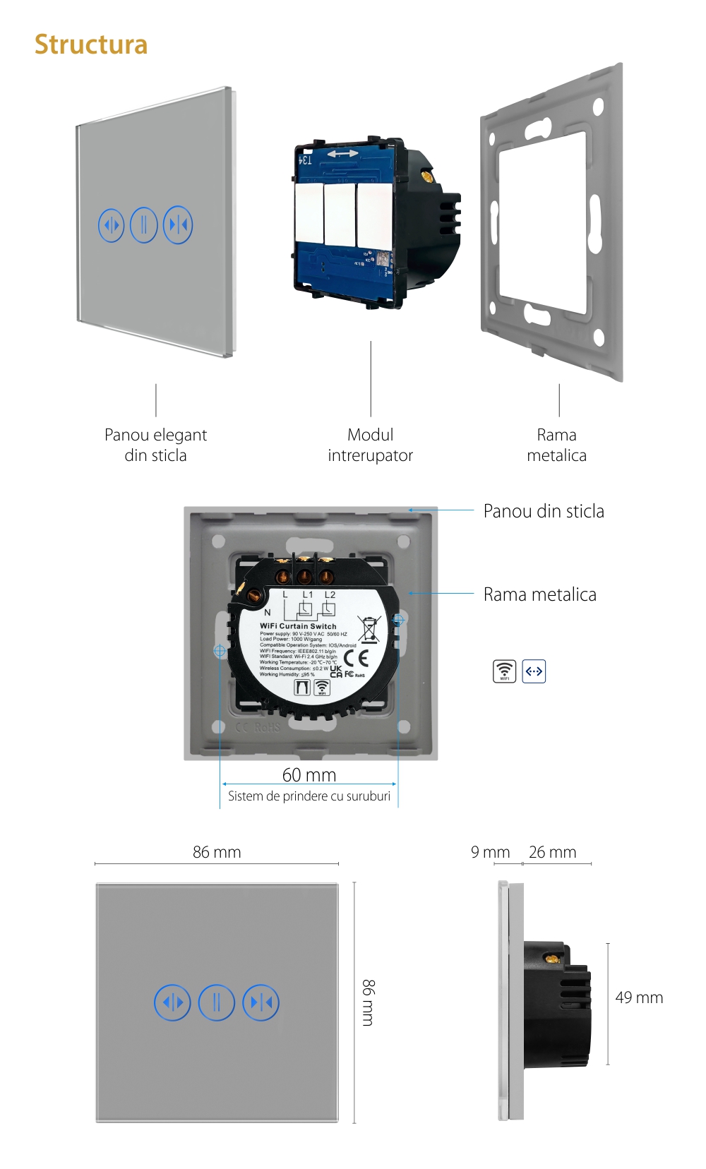 Intrerupator Wi-Fi Draperie cu Touch din Sticla LUXION SmartElectro IntelligentHouse