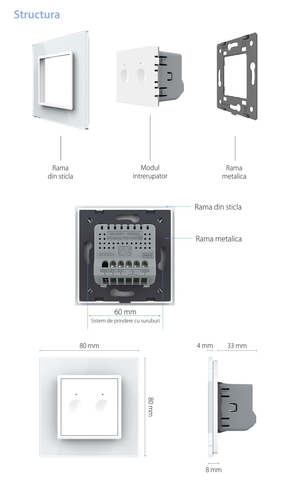 Intrerupator Dublu Cap Scara / Cruce cu Touch LIVOLO cu Rama din Sticla - Protocol Zigbee EC SmartElectro IntelligentHouse