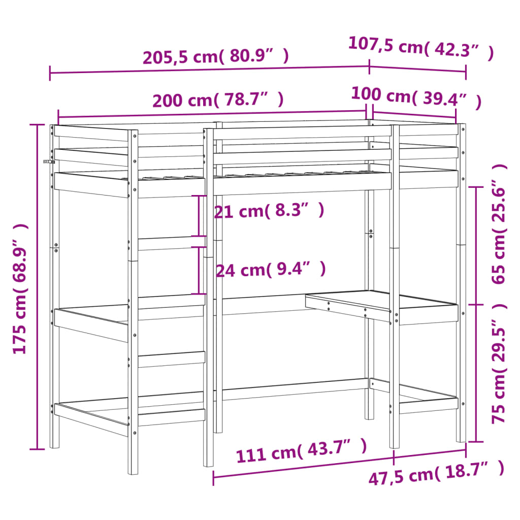 Cadru pat supraetajat cu birou, alb, 100x200 cm, lemn masiv pin GartenMobel Dekor