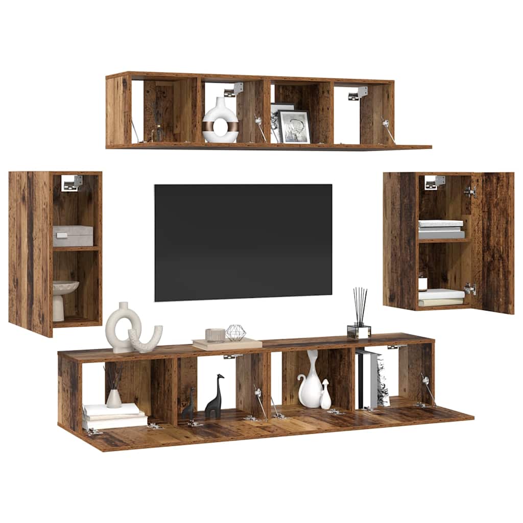 Set comodă TV Pe perete cu depozitare cu ușă 6 pcs Lemn vechi Mediu GartenMobel Dekor