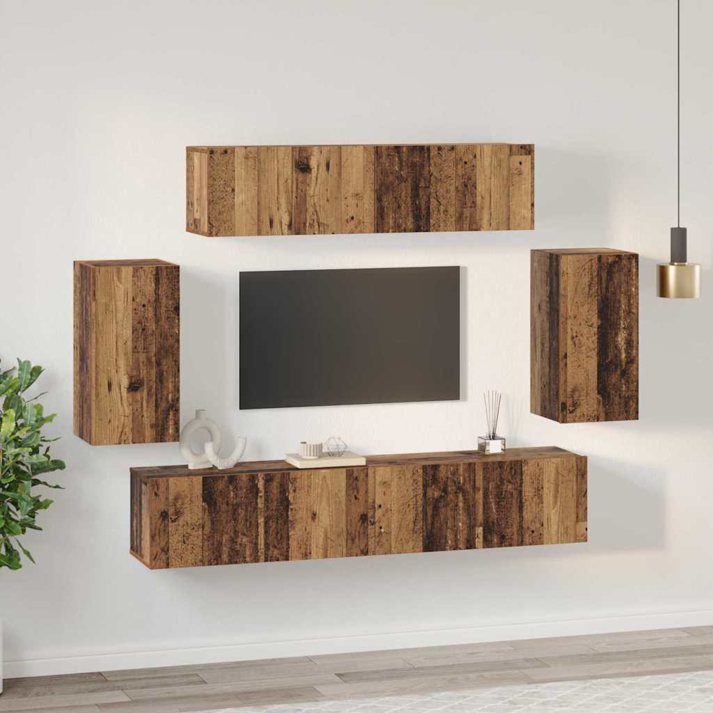 Set comodă TV Pe perete cu depozitare cu ușă 6 pcs Lemn vechi Mediu GartenMobel Dekor