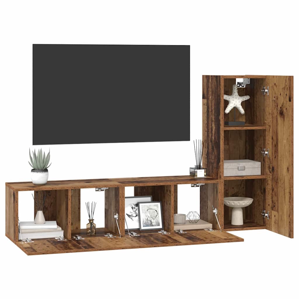 Set comodă TV cu raft Pe perete cu depozitare cu ușă 3 pcs Lemn vechi 150.5 x 30 x 90 cm GartenMobel Dekor