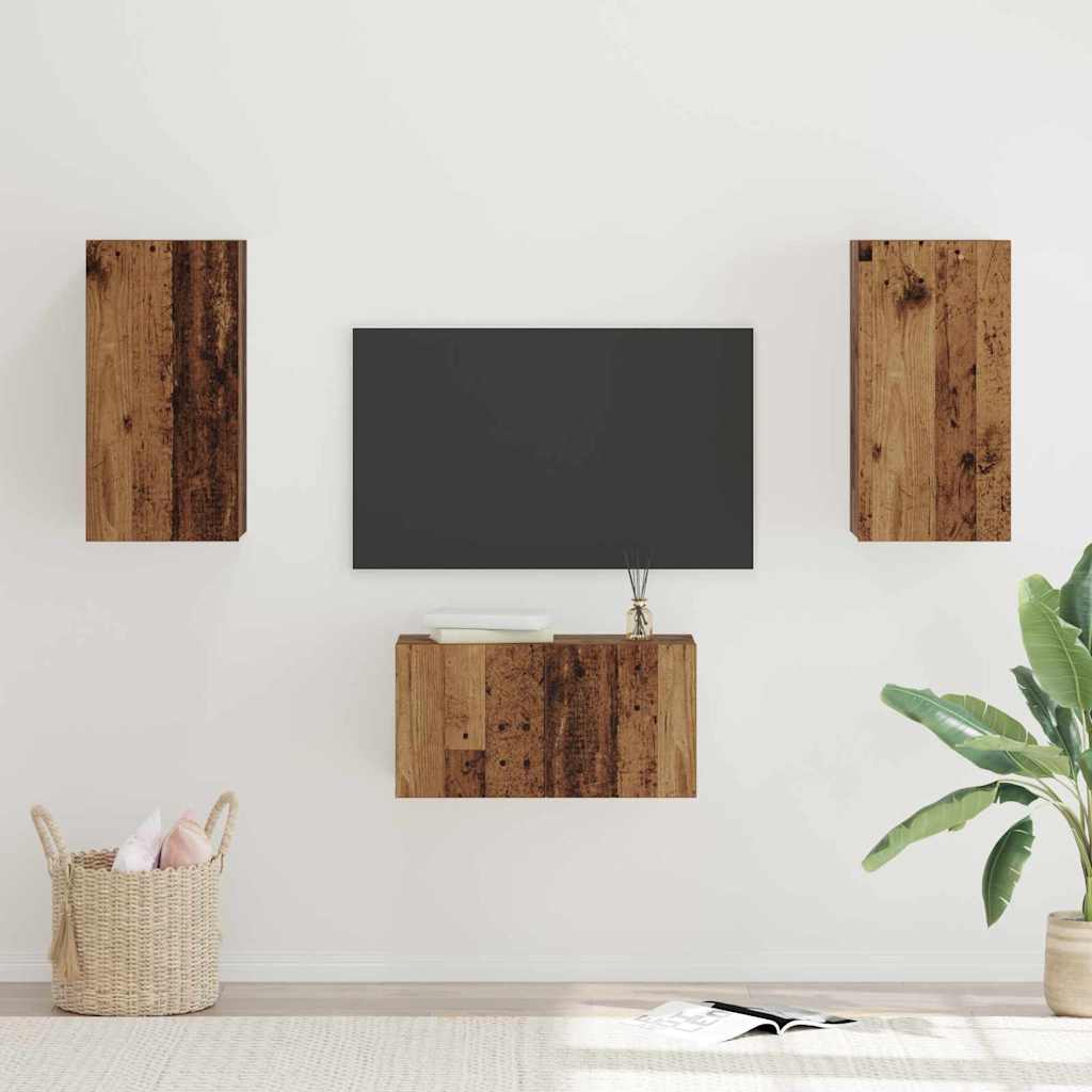 Set comodă TV cu raft Pe perete cu depozitare cu ușă 3 pcs Lemn vechi 60 x 30 x 30 cm GartenMobel Dekor