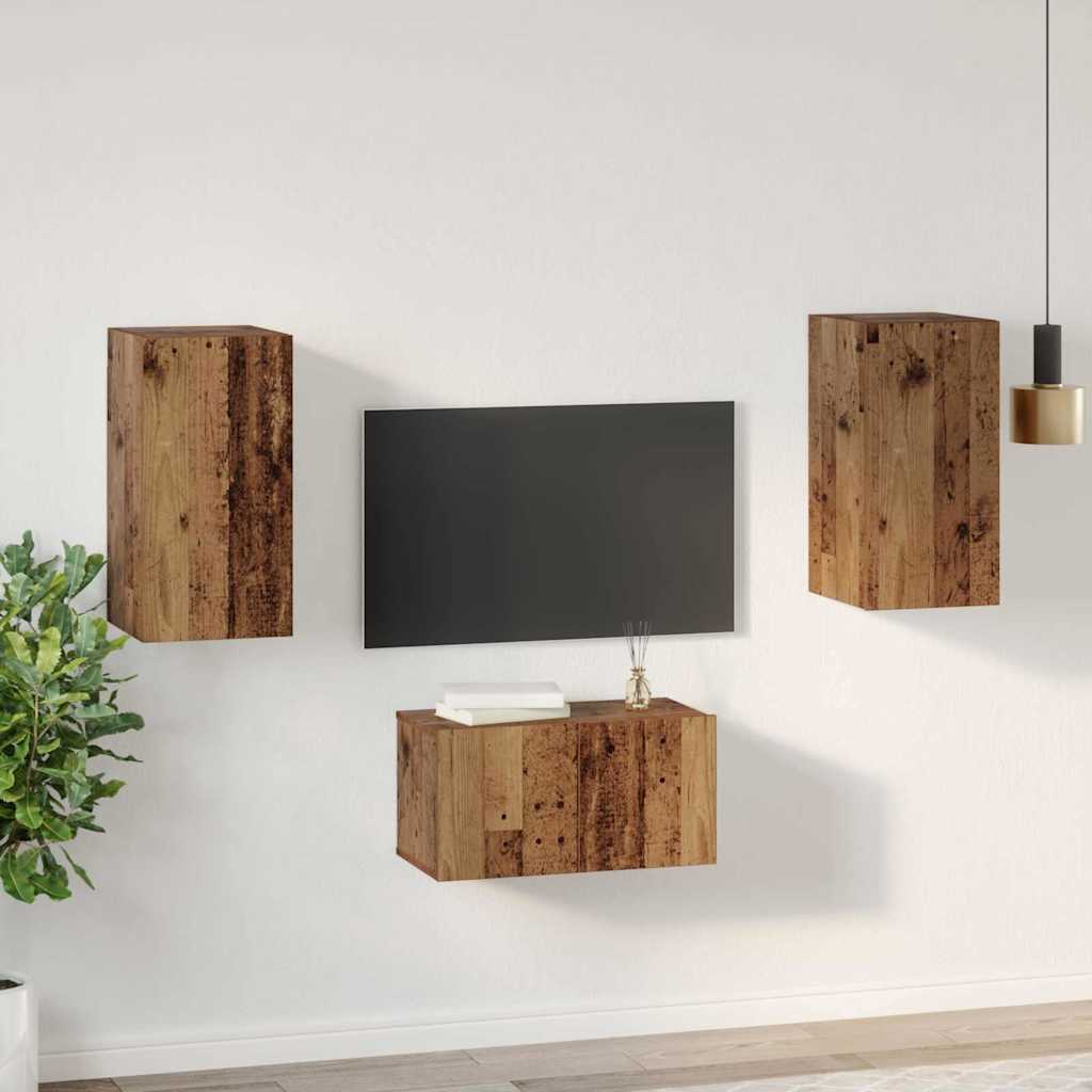 Set comodă TV cu raft Pe perete cu depozitare cu ușă 3 pcs Lemn vechi 60 x 30 x 30 cm GartenMobel Dekor