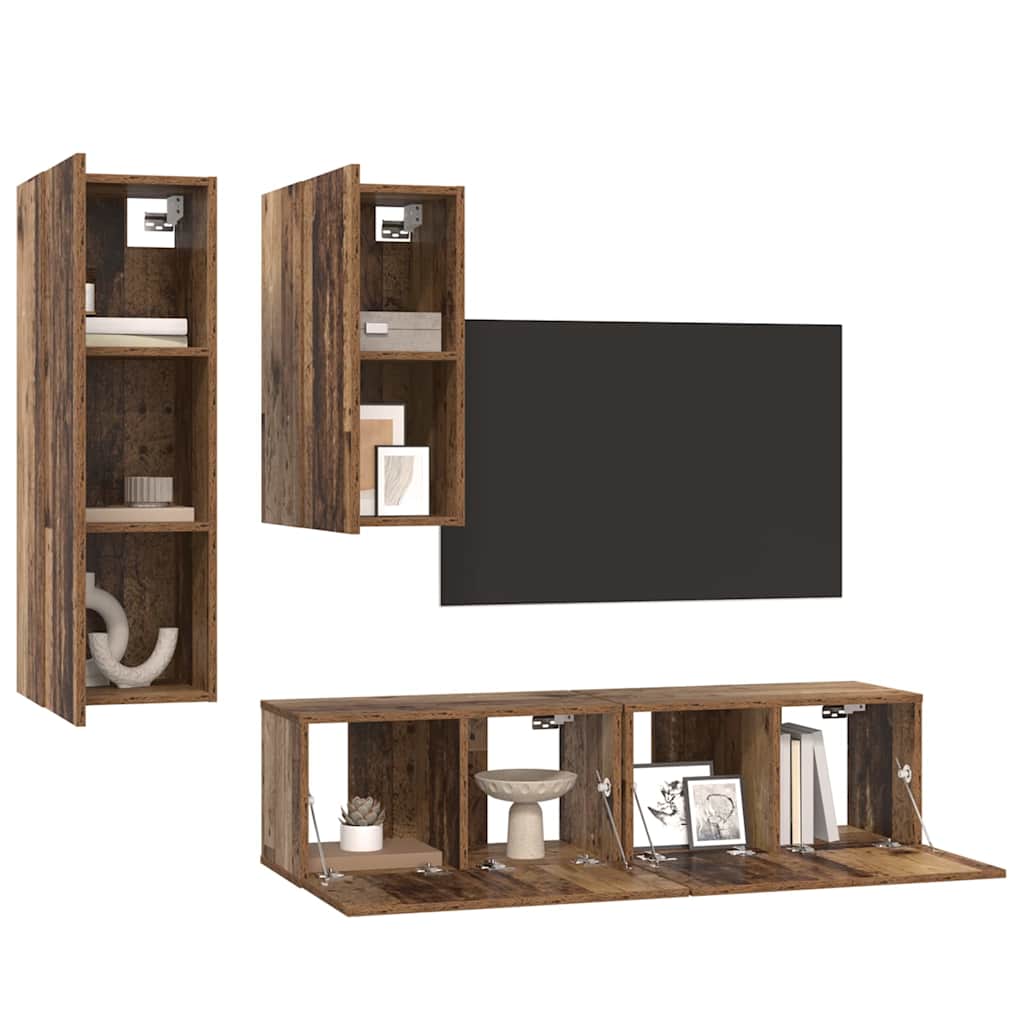 Set comodă TV cu raft Pe perete cu depozitare cu ușă 4 pcs Lemn vechi 30.5 x 30 x 90 cm GartenMobel Dekor