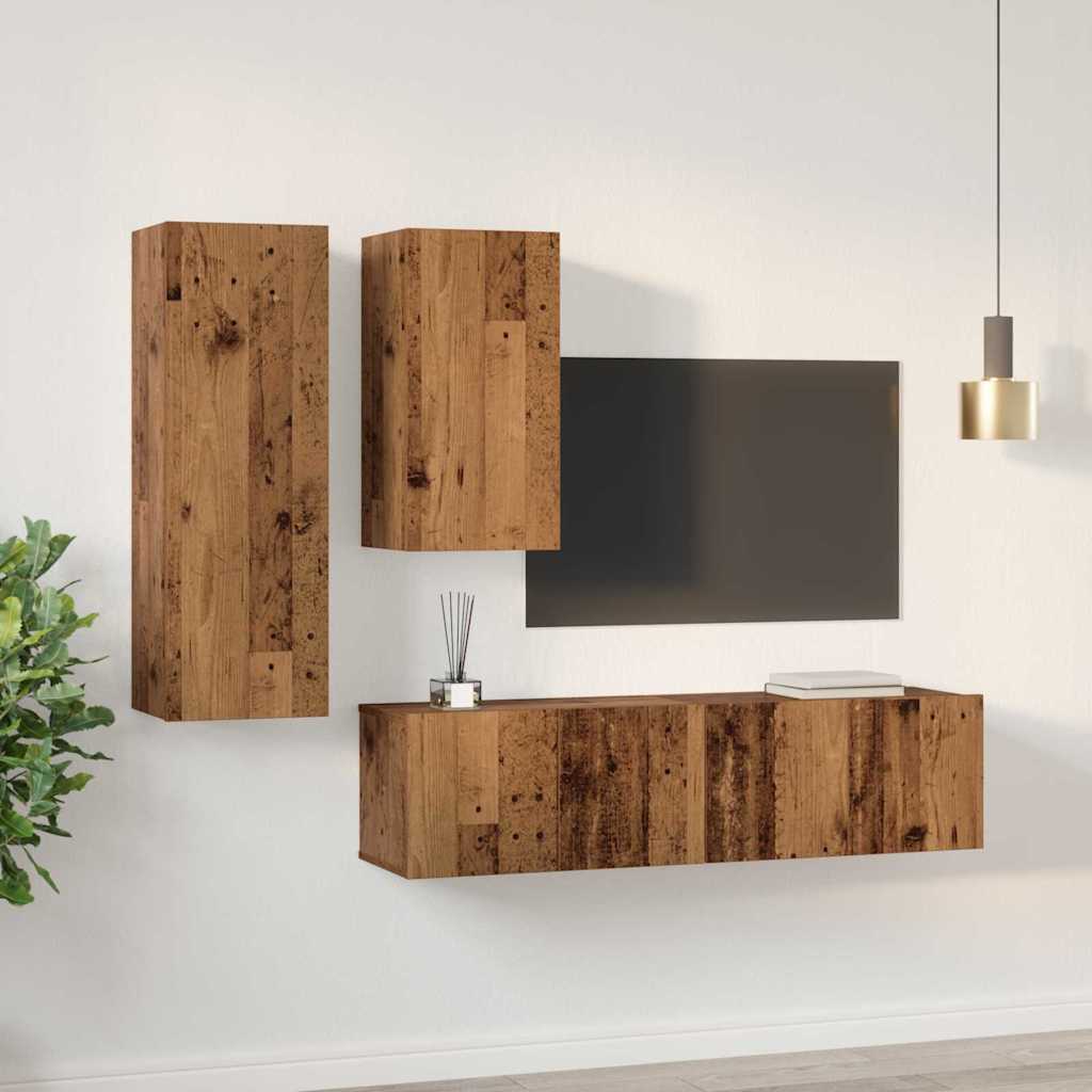 Set comodă TV cu raft Pe perete cu depozitare cu ușă 4 pcs Lemn vechi 30.5 x 30 x 90 cm GartenMobel Dekor