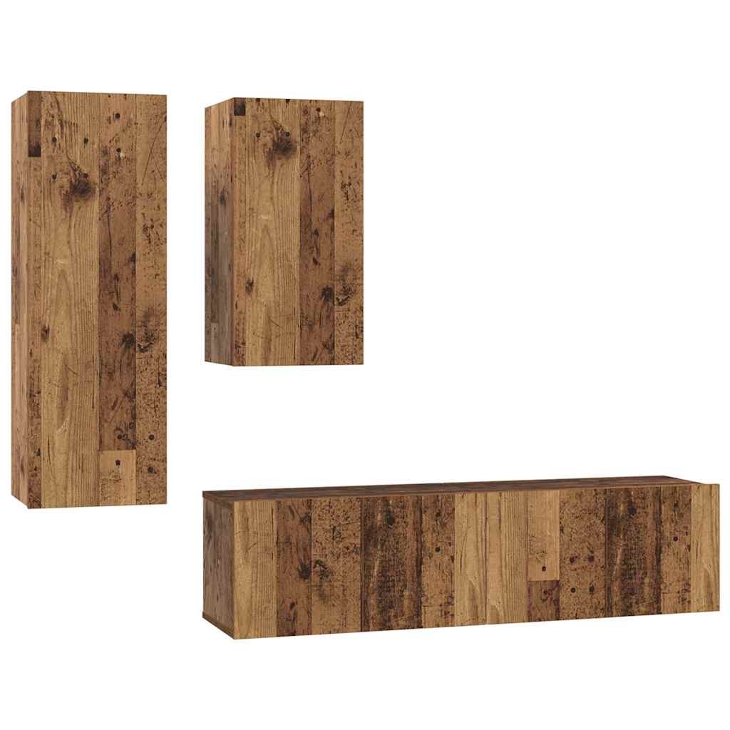 Set comodă TV cu raft Pe perete cu depozitare cu ușă 4 pcs Lemn vechi 30.5 x 30 x 90 cm GartenMobel Dekor