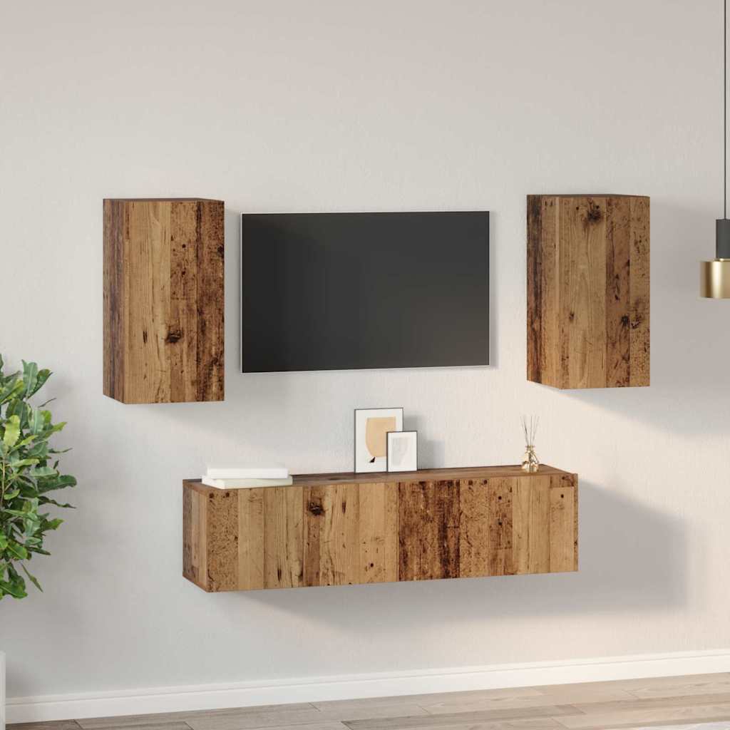 Set comodă TV cu raft Pe perete cu depozitare cu ușă 4 pcs Lemn vechi 60 x 30 x 30 cm GartenMobel Dekor