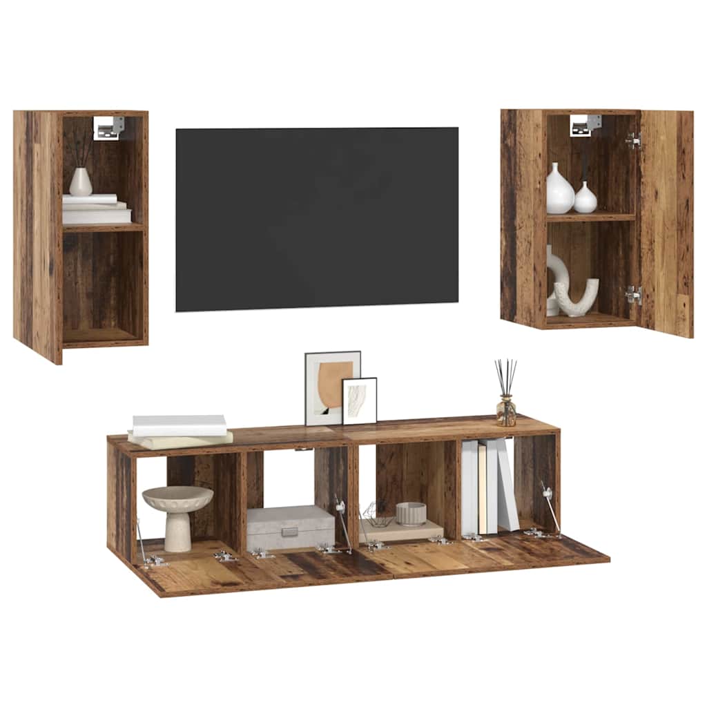 Set comodă TV cu raft Pe perete cu depozitare cu ușă 4 pcs Lemn vechi 60 x 30 x 30 cm GartenMobel Dekor