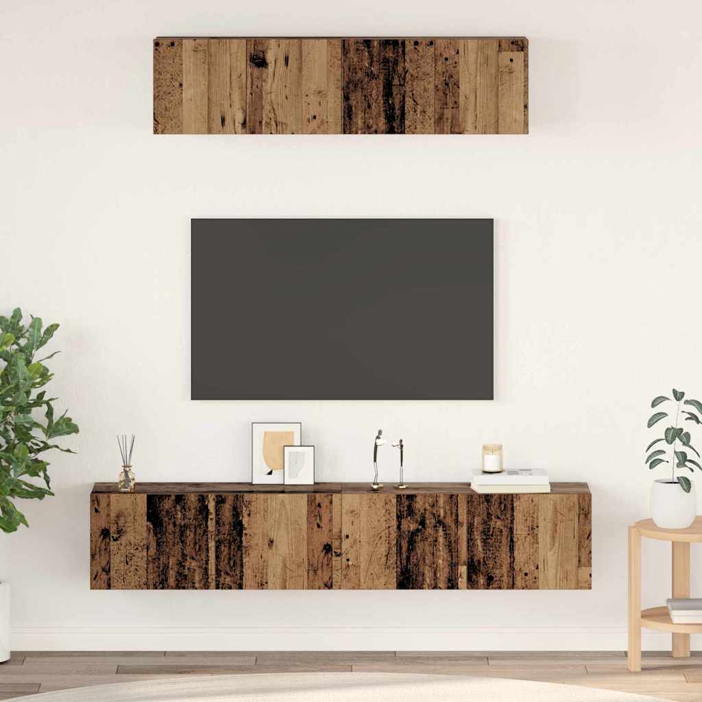 Set dulap TV Pe perete Altele cu depozitare cu ușă 4 pcs Lemn vechi Mediu Lemn compozit GartenMobel Dekor