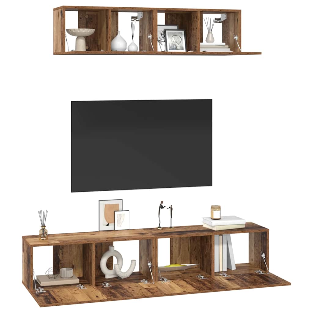 Set dulap TV Pe perete Altele cu depozitare cu ușă 4 pcs Lemn vechi Mediu Lemn compozit GartenMobel Dekor