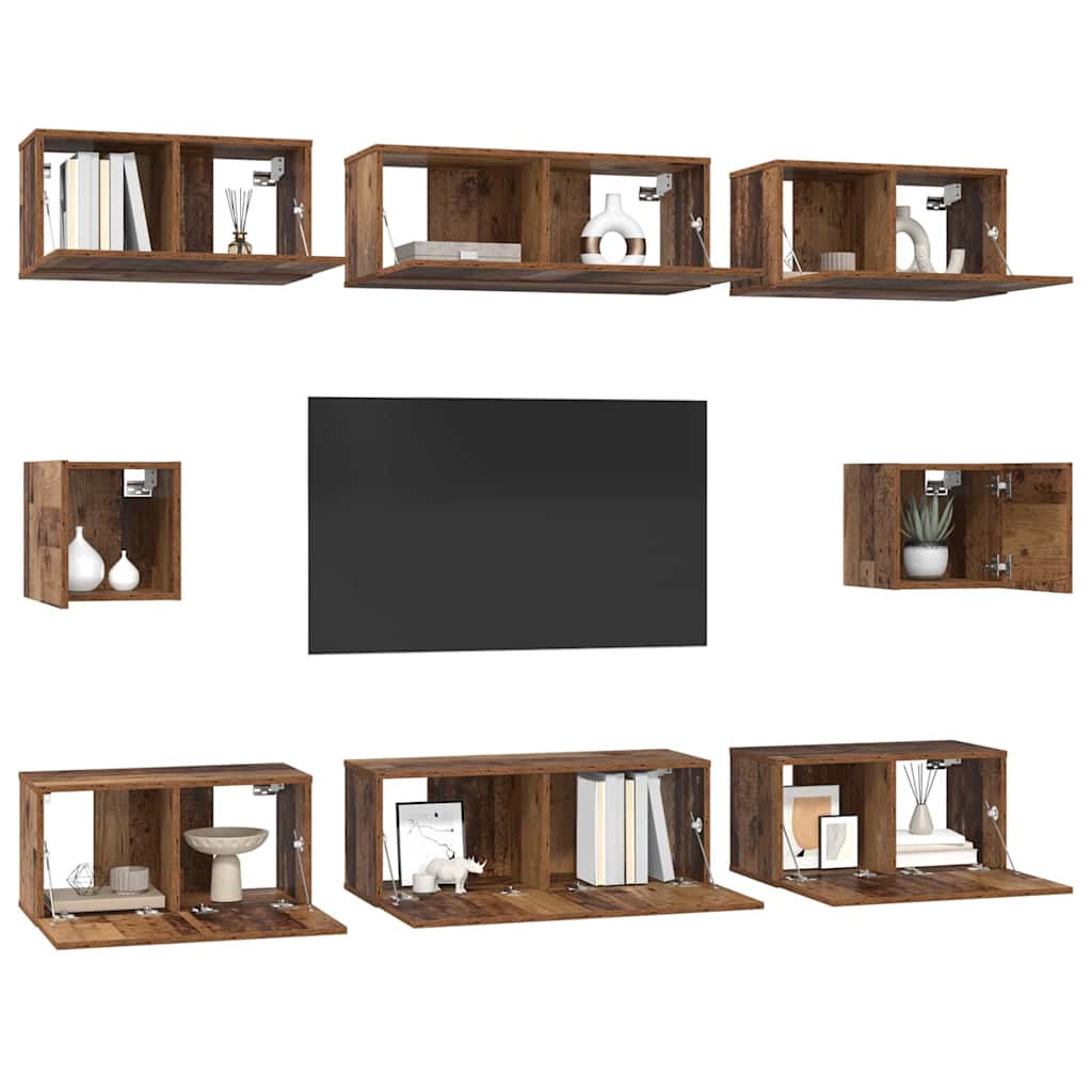 Set dulap TV cu raft Pe perete Altele 8 pcs Lemn vechi Mediu 30.5 x 30 x 30 cm GartenMobel Dekor