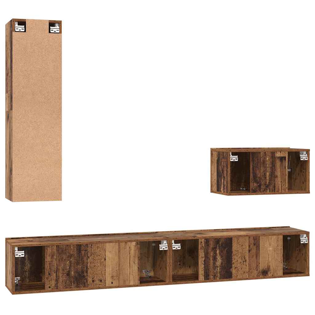 Set dulap TV cu raft Pe perete Altele cu depozitare cu ușă 4 pcs Lemn vechi Mediu Lemn compozit GartenMobel Dekor