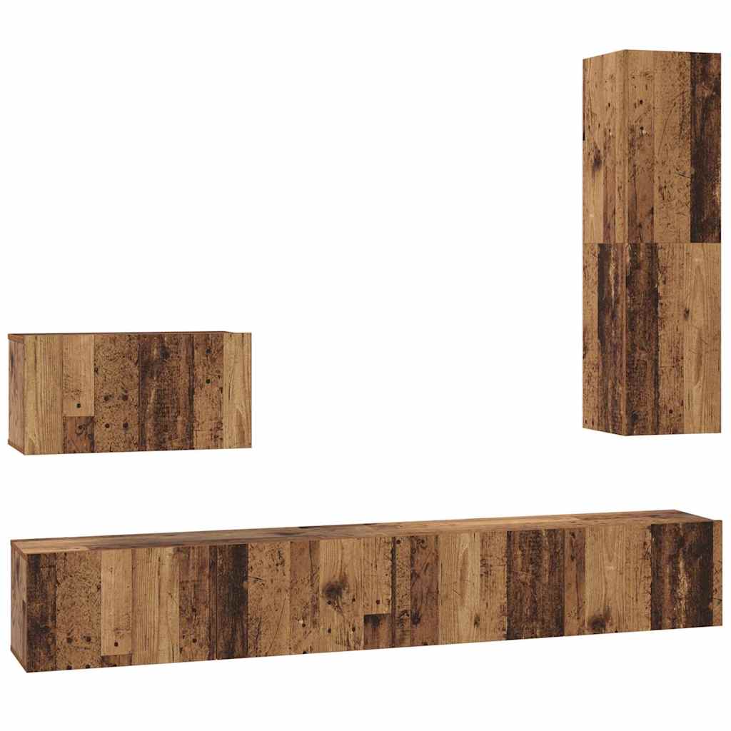 Set dulap TV cu raft Pe perete Altele cu depozitare cu ușă 4 pcs Lemn vechi Mediu Lemn compozit GartenMobel Dekor