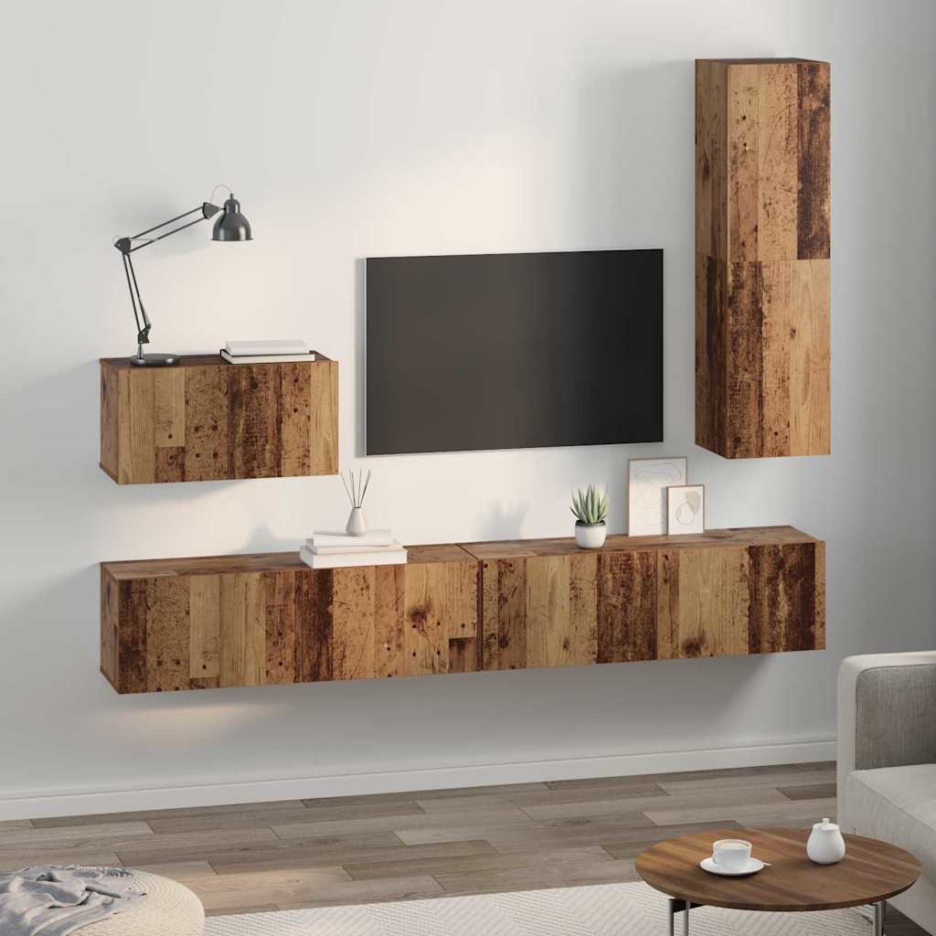 Set dulap TV cu raft Pe perete Altele cu depozitare cu ușă 4 pcs Lemn vechi Mediu Lemn compozit GartenMobel Dekor