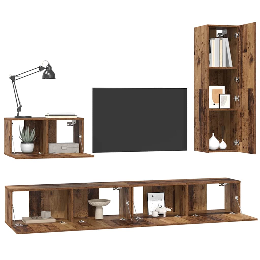 Set dulap TV cu raft Pe perete Altele cu depozitare cu ușă 4 pcs Lemn vechi Mediu Lemn compozit GartenMobel Dekor