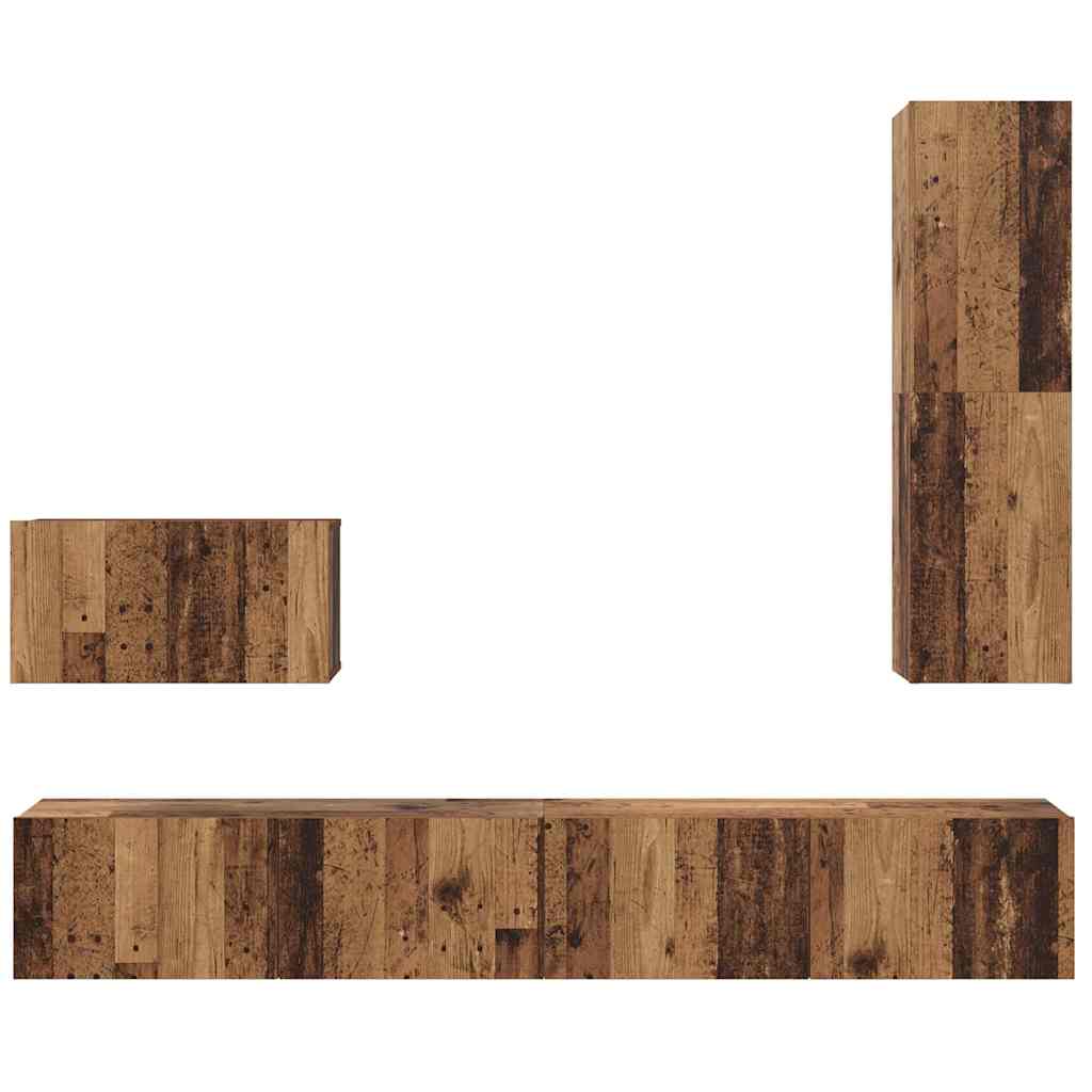 Set dulap TV cu raft Pe perete Altele cu depozitare cu ușă 4 pcs Lemn vechi Mediu Lemn compozit GartenMobel Dekor