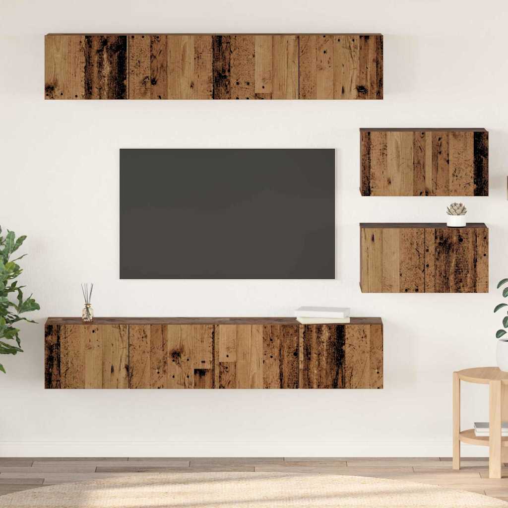 Set dulap TV cu raft Pe perete Altele cu depozitare cu ușă 6 pcs Lemn vechi Mediu Lemn compozit GartenMobel Dekor