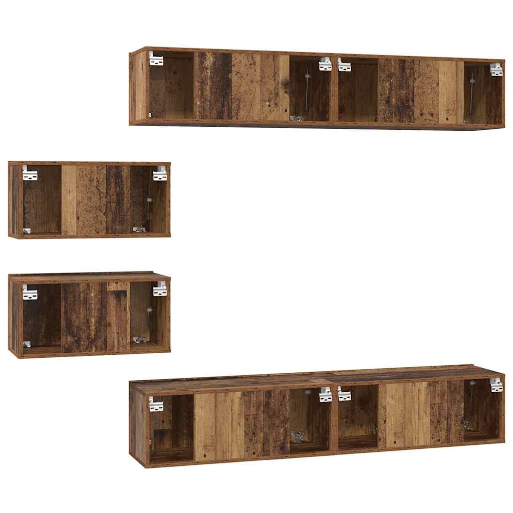 Set dulap TV cu raft Pe perete Altele cu depozitare cu ușă 6 pcs Lemn vechi Mediu Lemn compozit GartenMobel Dekor