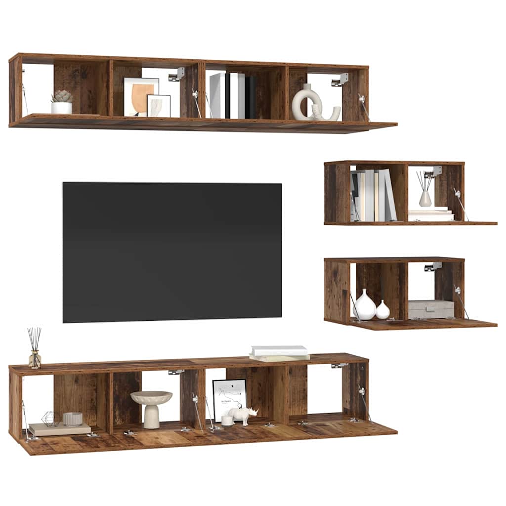 Set dulap TV cu raft Pe perete Altele cu depozitare cu ușă 6 pcs Lemn vechi Mediu Lemn compozit GartenMobel Dekor