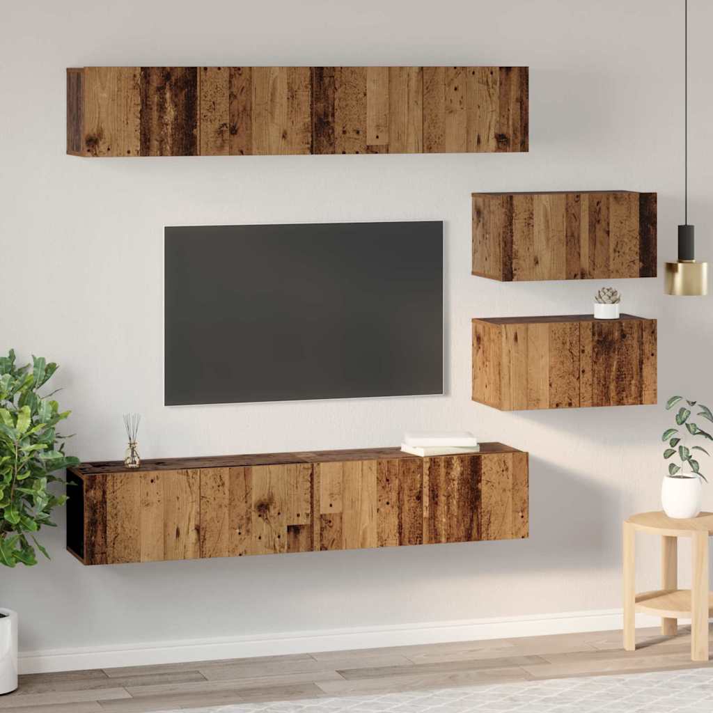 Set dulap TV cu raft Pe perete Altele cu depozitare cu ușă 6 pcs Lemn vechi Mediu Lemn compozit GartenMobel Dekor