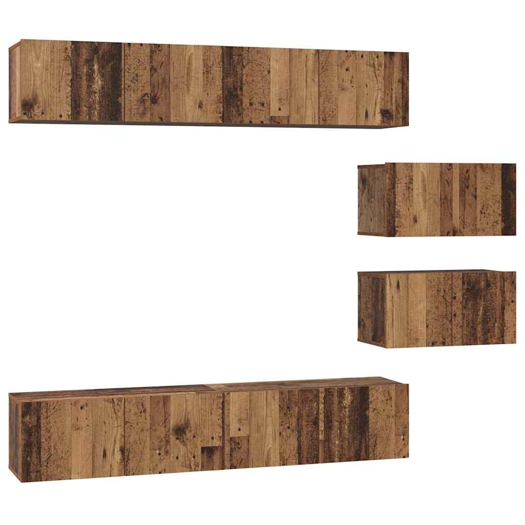 Set dulap TV cu raft Pe perete Altele cu depozitare cu ușă 6 pcs Lemn vechi Mediu Lemn compozit GartenMobel Dekor