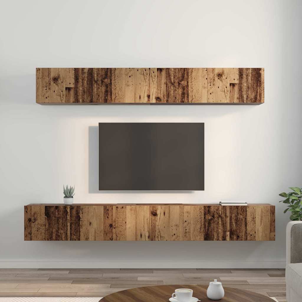 Set dulap TV cu raft Pe perete cu depozitare cu ușă 5 pcs Lemn vechi Mediu Lemn compozit GartenMobel Dekor