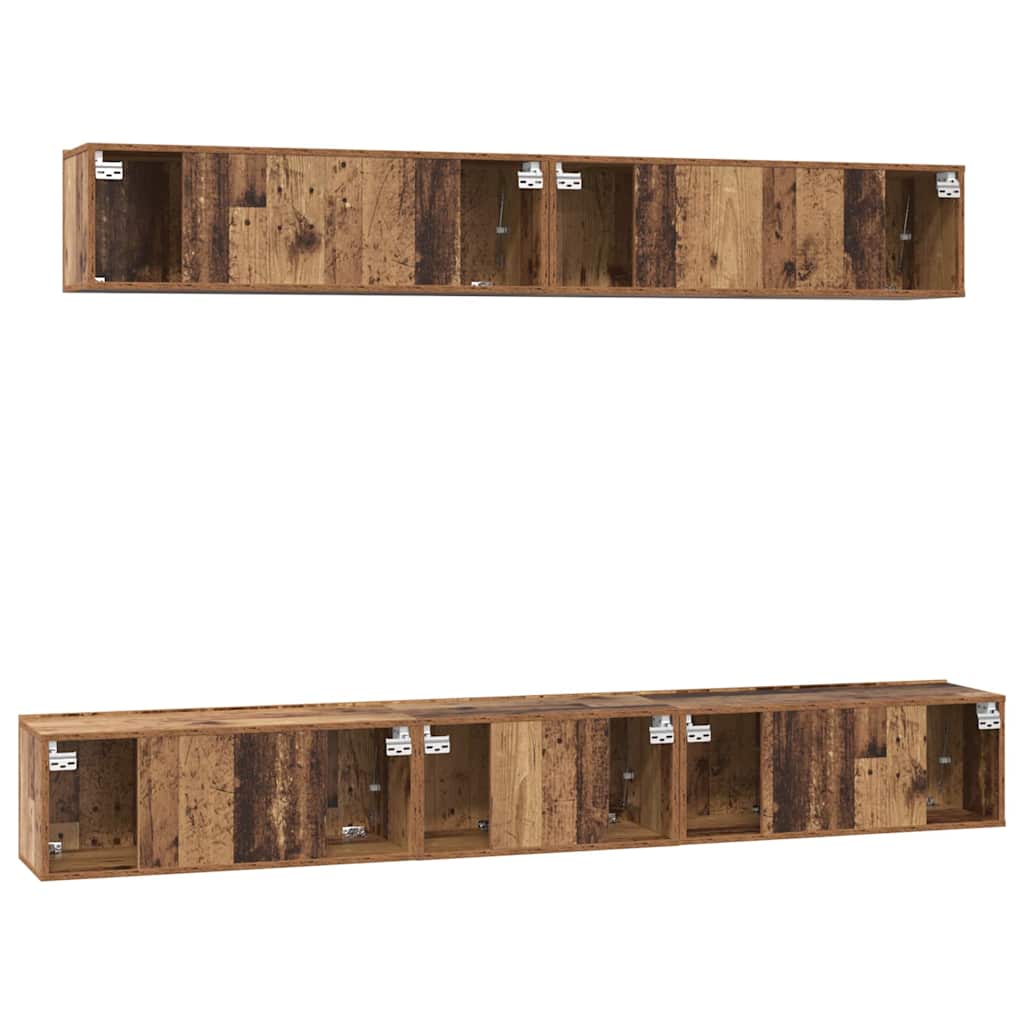 Set dulap TV cu raft Pe perete cu depozitare cu ușă 5 pcs Lemn vechi Mediu Lemn compozit GartenMobel Dekor