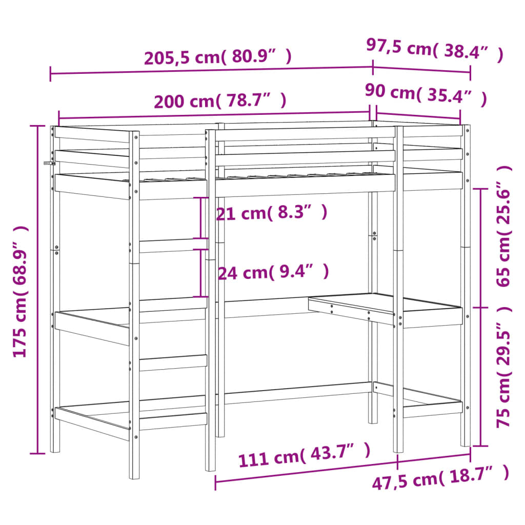 Cadru pat supraetajat cu birou, alb, 90x200 cm, lemn masiv pin GartenMobel Dekor
