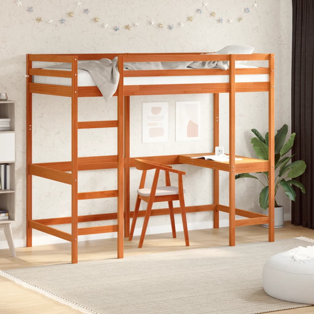 Cadru pat supraetajat cu birou, maro, 90x190 cm, lemn masiv pin GartenMobel Dekor
