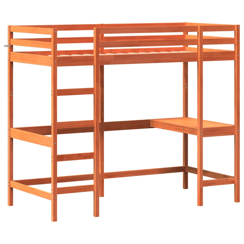Cadru pat supraetajat cu birou, maro, 90x190 cm, lemn masiv pin GartenMobel Dekor