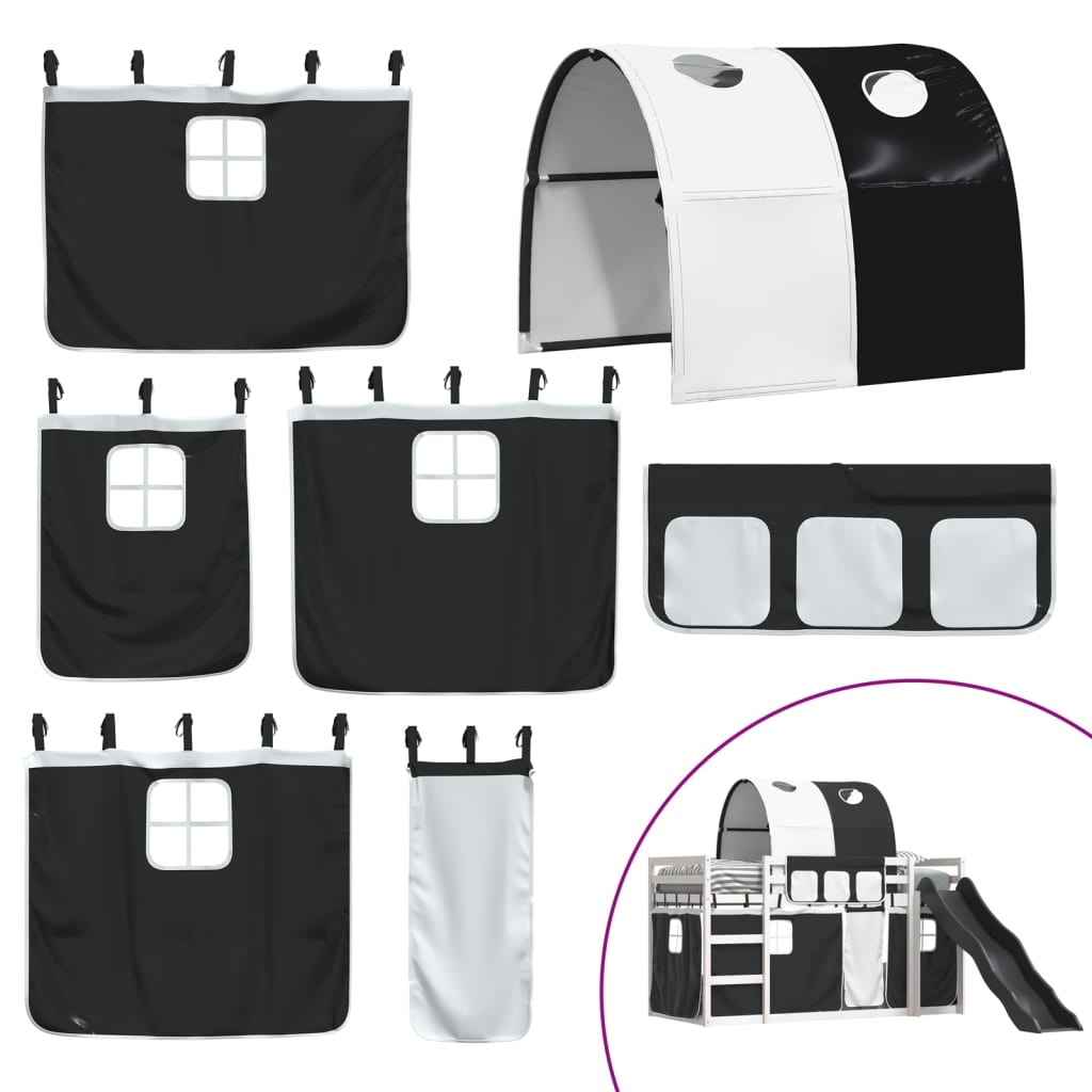 Pat supraetajat cu tobogan și perdele, alb și negru, 80x200 cm GartenMobel Dekor