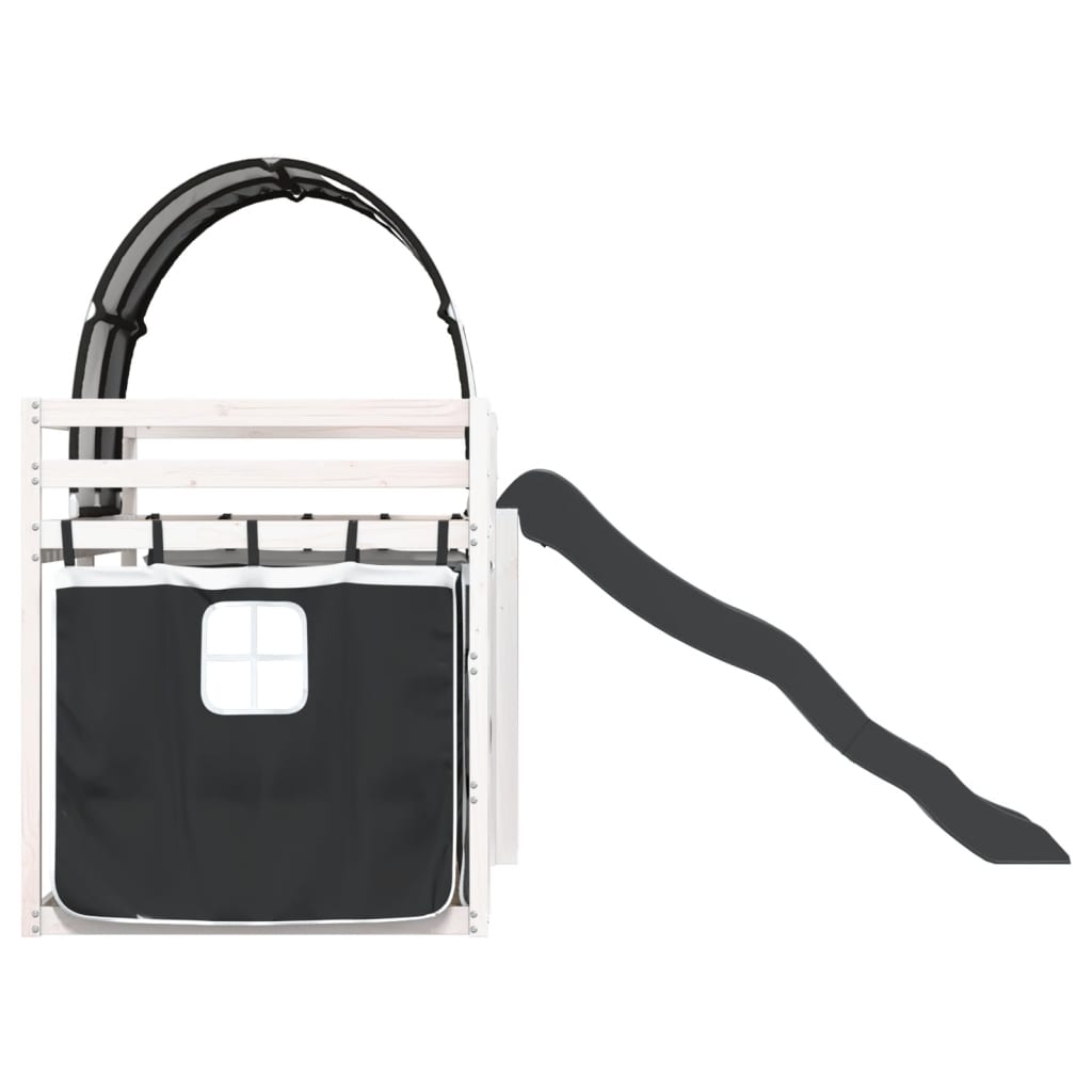 Pat supraetajat cu tobogan și perdele, alb și negru, 80x200 cm GartenMobel Dekor