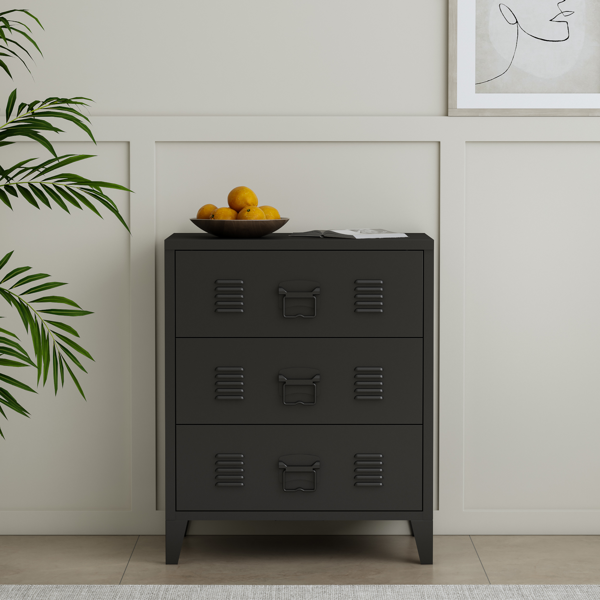 Dulap, en.casa, PXSL-0181 Hameenlinna, 72 x 60 x 40 cm, otel, negru, cu 3 sertare, design industrial HausGarden Leisure